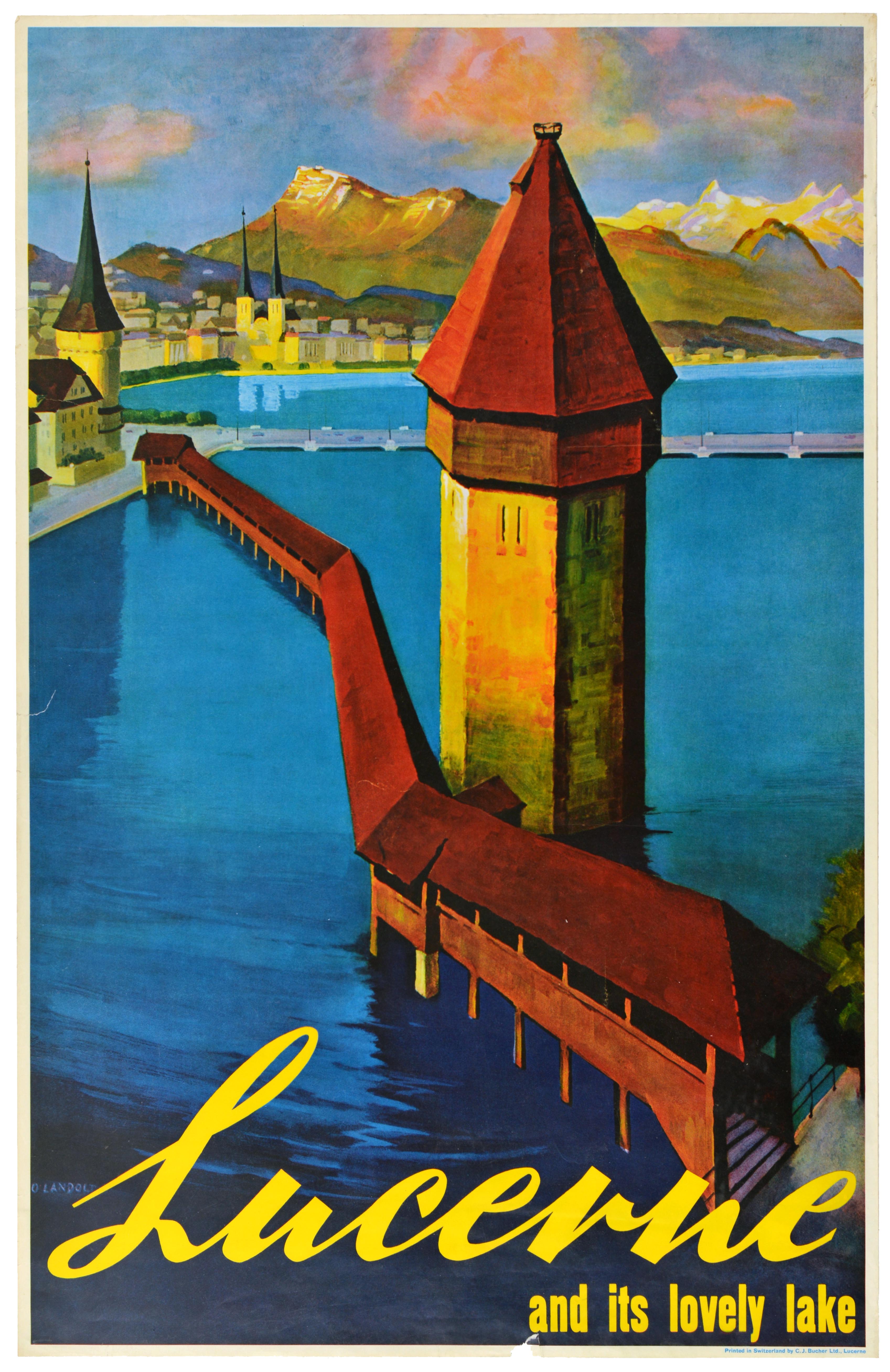 Travel Poster Lucerne Lake Chapel Bridge Switzerland