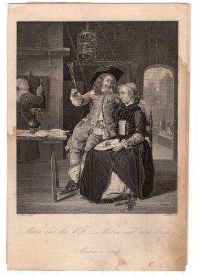 Гравюра 19 век. A.H.Payne sc. G.Metzu pinx. 
21.5х 14 см.