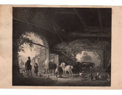 Гравюра 19 век. 
A.H.Payne sculp.Конюшня. 
21.5 х 14 см.