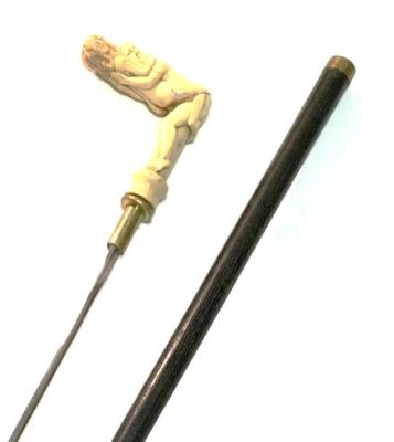 Трость со стилетом, 19 век Западная Европа. Рукоять в стиле НЮ. (КАМАСУТРА). длина общая 945 мм 