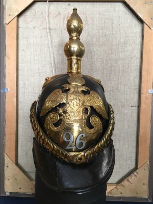 Пикельхельм, каска русской императорской армии. 1820-30 гг. кожа, латунь, белый металл.