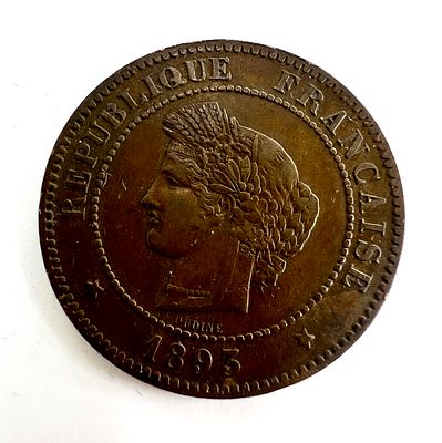 Франция, III республика. 5 сантимов 1893 г. А. Медный сплав.