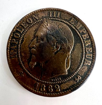Франция, империя. Наполеон III. 10 сантимов 1862 г. К. Медный сплав.
