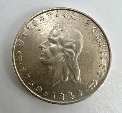 Германия, III Рейх. 2 рейхсмарки 1934 г. F. Фридрих Шиллер. Серебро.