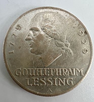 Германия, Веймарская республика. 3 рейхсмарки 1929 г. А. Готтхольд Эфраим Лессинг. Серебро.