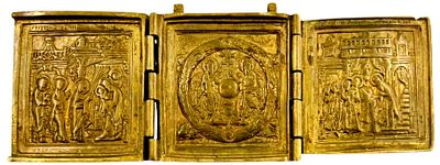 Складень трехстворчатый. Очень редкий. С иконами "Троица Новозаветная", "Сретение Господне" 