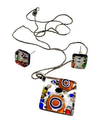 Подвеска с цепью и серьги из цветного стекла "мурано".Италия. Длина цепи - 54 см. Размеры - 