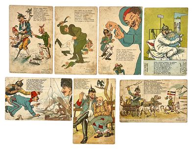 Коллекция из 7 сатирических открыток, посвященных Первой мировой войне. Чистые. Россия. 