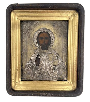 Икона "Спаситель" в киоте. Серебро 84 пробы. Размеры в киоте 29*25 см.