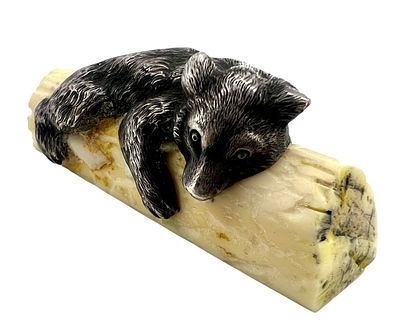 Фигурка "Медведь на бревне". Серебро, кость. Россия, XIX век.