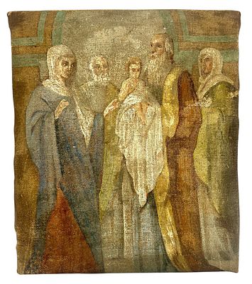 Икона "Крещение". Выполнена на ткани. Без утрат. XIX - начало XX века. Высота 30 см, ширина 27 см.