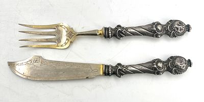 Раздаточный набор (нож + вилка) для мяса и рыбы. Серебро, сталь с позолотой. Размеры: вилка - 