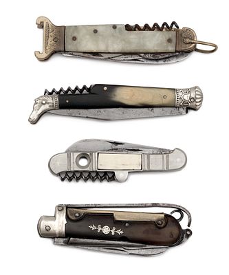 Four Folding Knives. 1) Folding knife with horse head and rider motifs, horn handle scales 