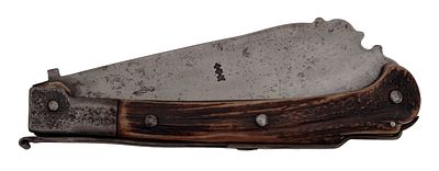 A Foldable Chopping Knife. The single-edged blade stamped on one side with makers mark, the iron 