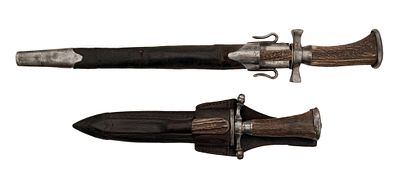 Hunting Knife with Side Knife and Hunting Dagger. Heavy wedge-shaped single edged blade etched 