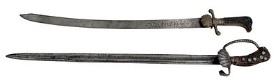 Two Hunting Hangers. 1) Hunting hanger, straight, single-edged blade with central point, fullers 