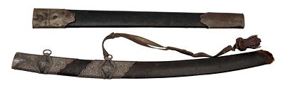 Scabbard for Hunting Dagger. Wooden scabbard covered with leather, brass fittings, length 50 cm. 