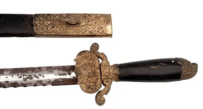 Firefighter officer's Sword. Heavy nickel-plated (rubbed, pitted) single-edged blade with 