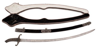 Gift Sabre in Silver Mounting in Leather Case. Narrow, slightly curved older blade from the end 