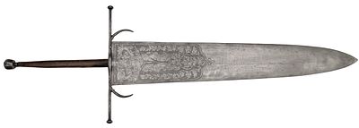 Huge sword in the shape of an "ox tongue". Double-edged blade, 17 cm wide at the top, etched on 