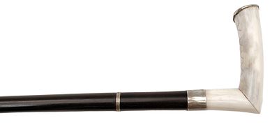 A Walking Stick with Integrated Blade. Hook-shaped bone handle, white metal cuff, ebony shaft 