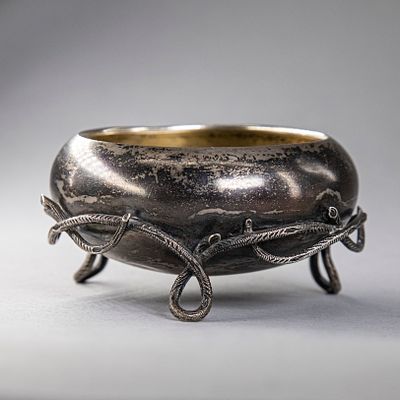 Солонка "Котелок на ветках", тромплёй. Серебро 84 пр. Россия, Санкт-Петербург, Иванов Моисей 