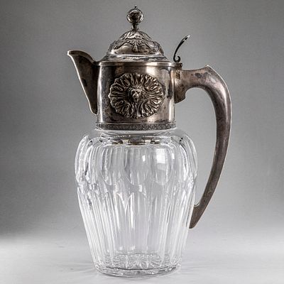 [Редкость] Большой кувшин, украшенный головами львов. Серебро 84 пр., хрусталь. Начало ХХ в. Бол 