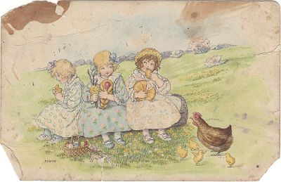 Три девочки. Пасха. . Надрывы, пятна, заломы, утрачены 2 угла.