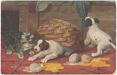 Котята и щенки, разбившие яйца. Пасха. Raphael Tuck & Sons "Oilette" Postcard №9362. . Штамп от 