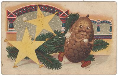 Новый год. Шишка и звезды играют в снежки. Всемирный почтовый союз. Штамп от 1910 г. 
Загиб 
