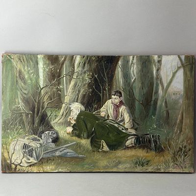 Н/х. Копия работы В.А. Перова "Птицелов". Масло, ткань. 1 п.-середина ХХ в. 
73.5 х 44.5 см 
