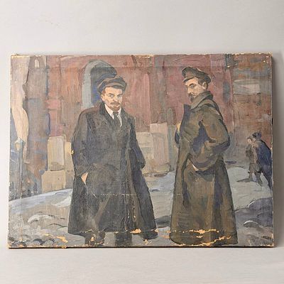 Н/х. "В.И. Ленин и Ф.Э. Дзержинский". Холст, масло. Середина ХХ в. 
68 х 50 см. 
Осыпи, заломы, 