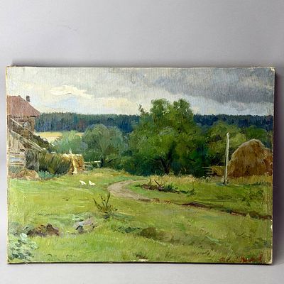 Волков А. М. "Околица". Холст, масло. СССР. 1960-1980 гг. 
68 х 50 см. 
Авторская подпись в 