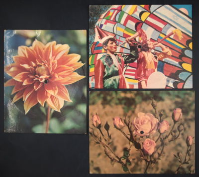 לוט 3 גלויות תקליט שונות "גלויה מנגנת" בהוצאת פוליפון, תמונות שונות, העלאידע בתל אביב (קילופים 