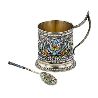 Silver glass holder with a spoon decorated with cloisonne enamel. Moscow 1908-1917. Silver 