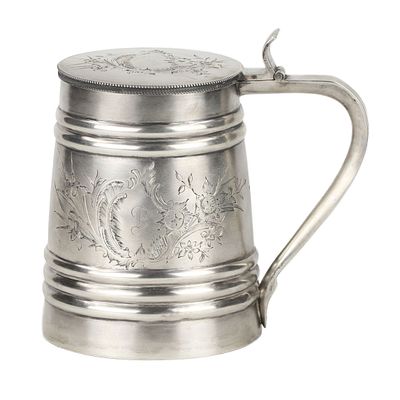 Russian silver beer mug. Sokolov V. T. Moscow 1899-1908. Silver mug with lid, made at the turn 