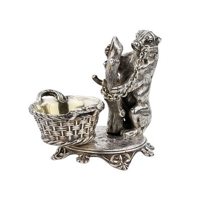 Witty, silver salt cellar with a bear, Grachev`s workshop. 1889. A witty silver salt-cellar 