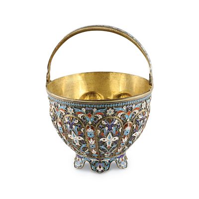 Russian silver sugar bowl with cloisonne enamel. Silver, egg-shaped sugar bowl, on leaf-shaped 