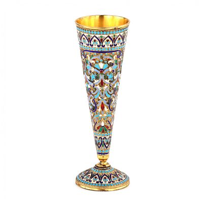 Silver cloisonne enamel champagne glass. Vasily Agafonov. Luxurious tableware. Gilded silver 