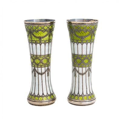 A pair of vases-buds of gilded silver and guilloche enamel, early 20th century. A pair of vases 