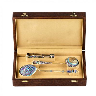 Tea set of three silver items. Moscow 1891. Silver tea set of cloisonne enamel with the slogan 