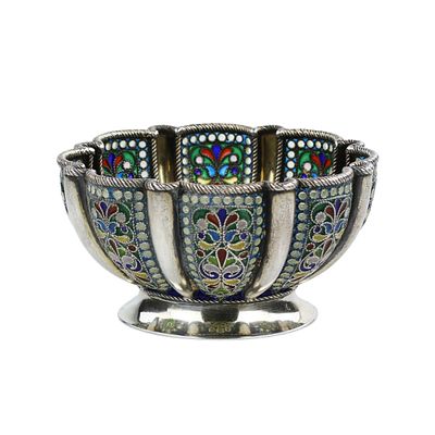 Russian silver bowl with stained glass enamel. Khlebnikov company. Moscow, early 20th century. An 