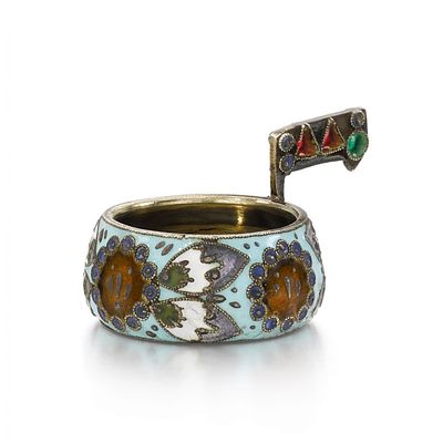 Miniature silver Fabergé kovsh with cloisonné and stained glass enamel. Fyodor Rückert, Moscow 