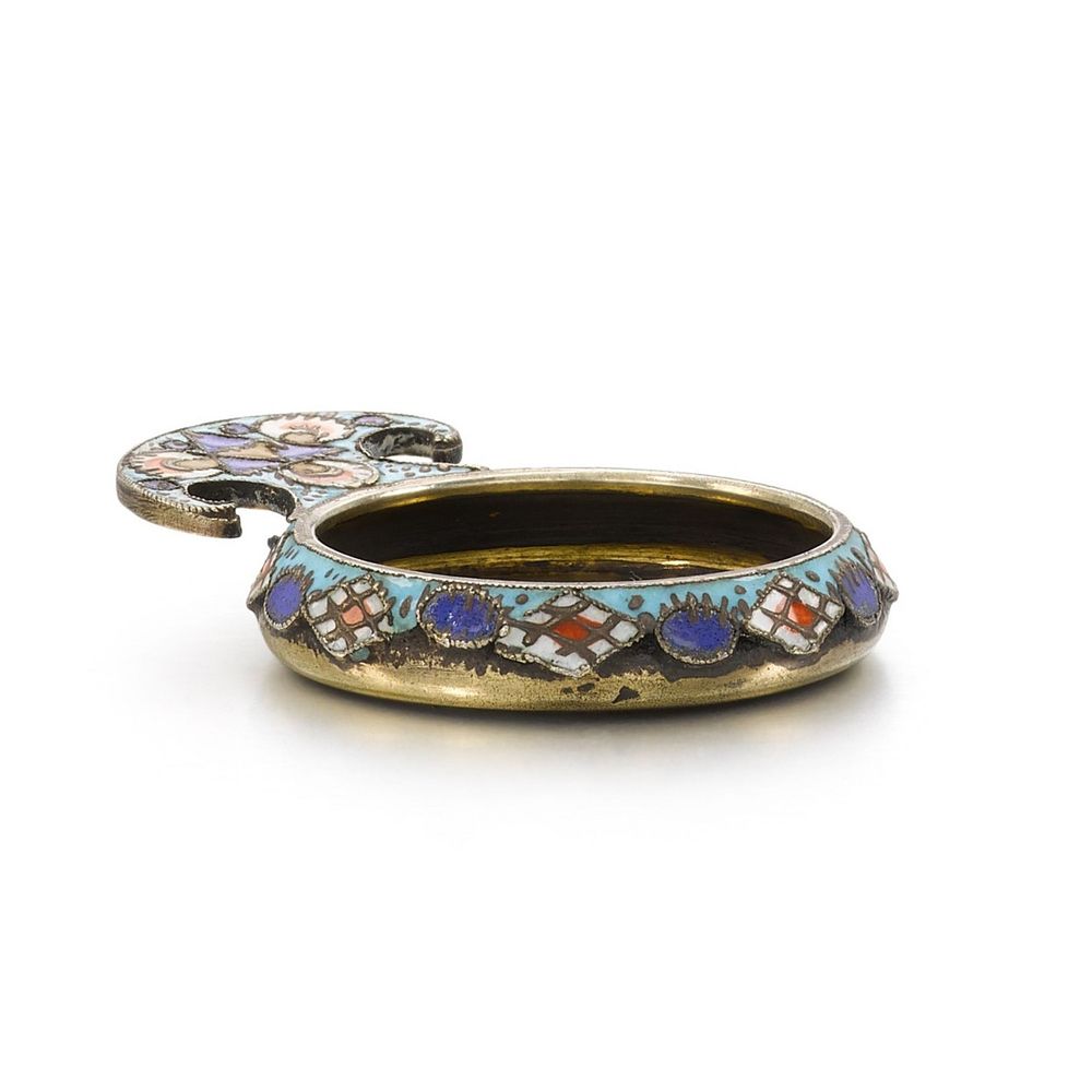 Miniature silver kovsh by Faberge with gilding and cloisonn&eacute; enamel. Fyodor R&uuml;ckert, Moscow 