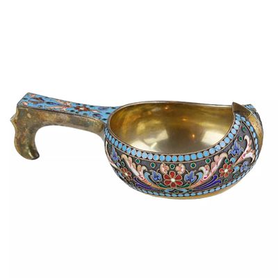 Russian silver kovsh with floral enamel decoration on a dark background, gilding and with a 