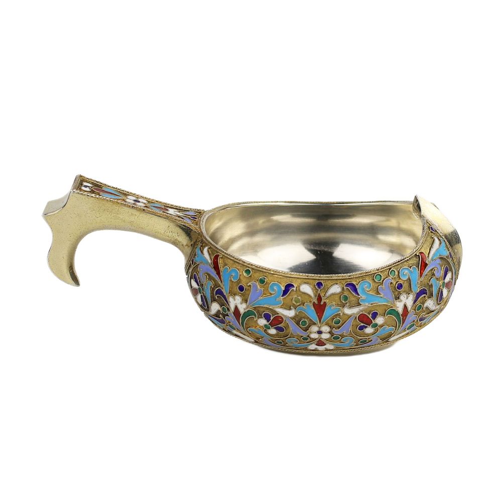 Russian silver kovsh. Strulev N.F. 1896. Russian silver kovsh with enamel pattern, made in 