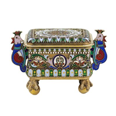 RUSSIAN SILVER BOX WITH CLOISONNÉ ENAMEL IN THE FORM OF ROOSTERS PAVEL OVCHINNIKOV FIRM, MOSCOW 