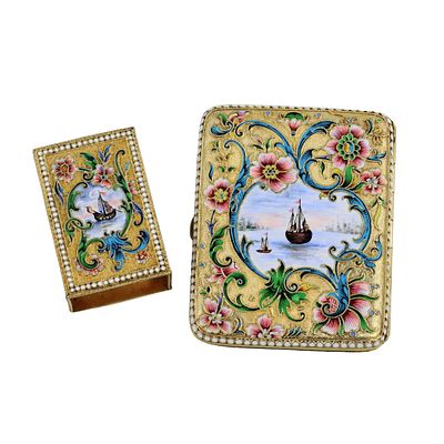 SILVER CIGARETTE CASE AND MATCHBOX WITH CLOISONNÉ ENAMEL.MOSCOW, MASTER V. AKIMOV, 1899–1908. A 