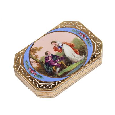 SWISS ENAMEL TOBACCO BOX IN 14K GOLD WITH MINIATURE, GENEVA, 19TH CENTURY. A rare octagonal 