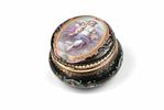 Golden powder box. Violettes Paris. Around 1860. Round gold enamel powder box Violettes Paris Image - 2